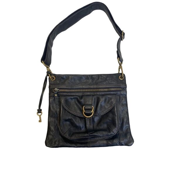 Fossil Handbags - Vintage Fossil Sasha Black Leather Top Zip Crossbody Bag